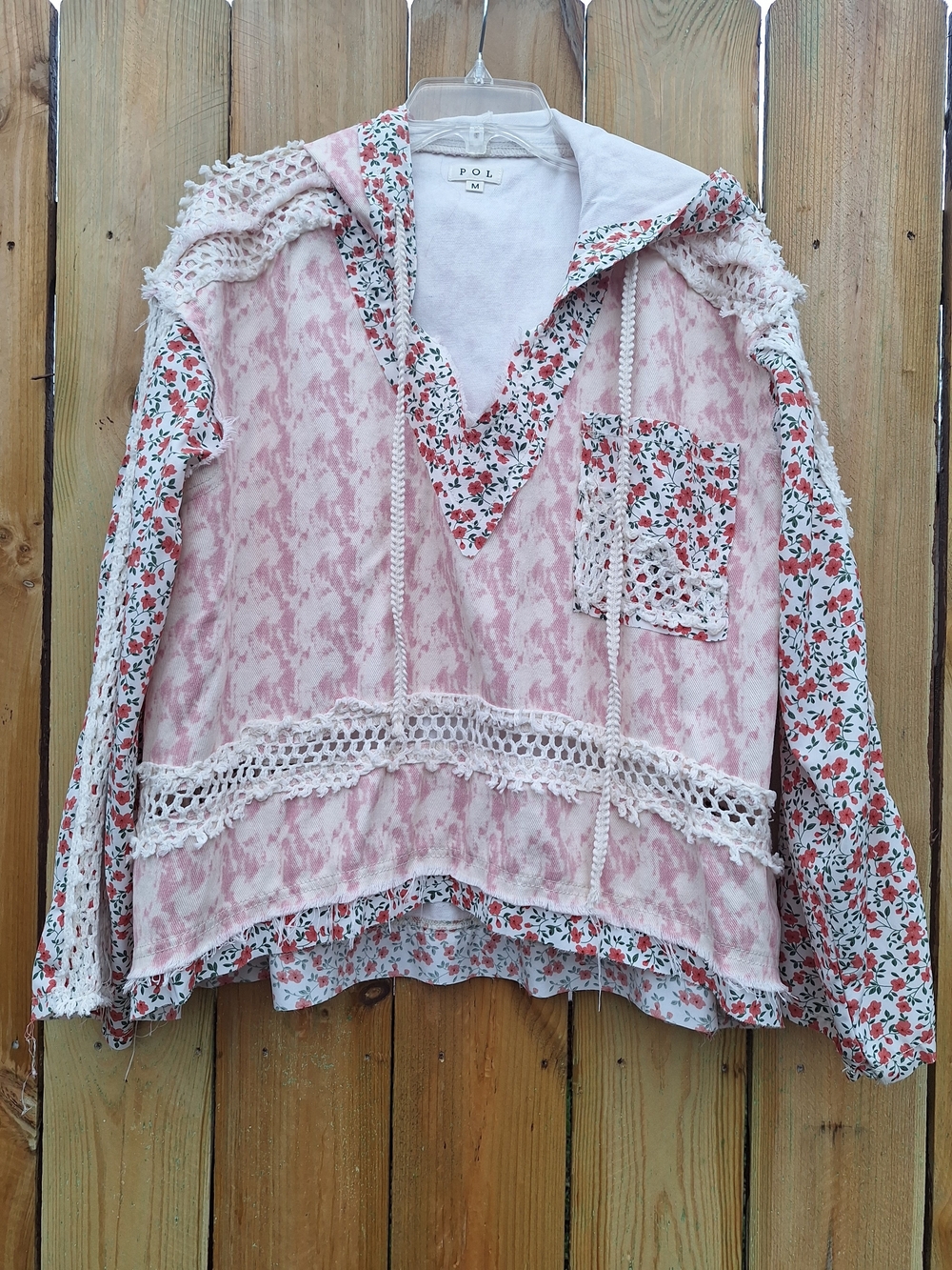 POL Floral Pink Crochet-Trim Hooded Top Size Medium